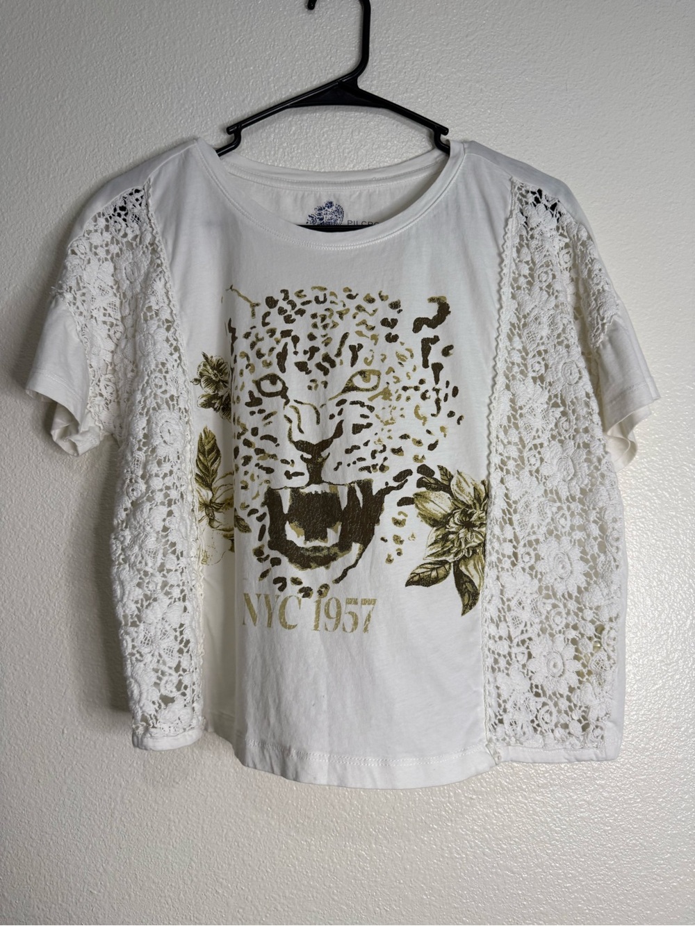 Pilcro Leopard Print Graphic T-Shirt Crochet Crew Short Sleeves Cotton (Box I) - Picture 3 of 8